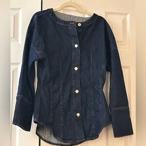 Women's Dark Indigo Denim Shirt Collarless Cinched Waist Jacket Size m